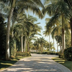 Obraz premium Palm-lined tropical driveway.