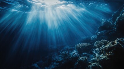 Fototapeta premium Beautiful blue ocean with sunlight shining through the water. The sunlight creates a serene and peaceful atmosphere, making the scene feel calm and relaxing. The blue color of the water