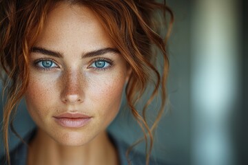 Fototapeta premium Portrait of woman with freckles and blue eyes: natural beauty and serenity