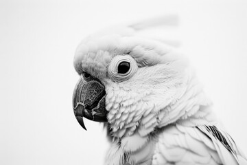 Obraz premium Close-up of a majestic white parrot in black and white, showcasing intricate feather details and expressive features against a minimalistic backdrop.