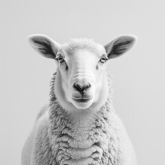 Fototapeta premium Close-up of a sheeps face on a minimalist white background, showcasing its woolly texture and expressive eyes, perfect for farm or animal-themed designs.