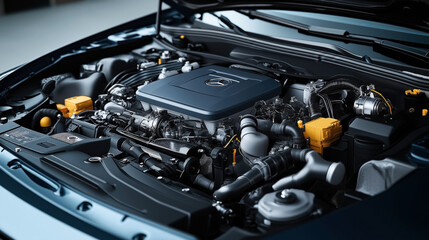 Fototapeta premium Detailed view of a modern car engine with exposed components under the hood, showcasing various mechanical parts and fluid containers.