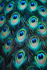 Fototapeta premium Close-up of a vibrant peacock feather pattern showcasing iridescent eye-like markings, perfect for nature and wildlife-inspired designs.