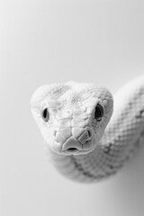Fototapeta premium Close-Up of a White Snake on a Light Background, Capturing Intricate Scalation and Expressive Features in Black and White Photography.