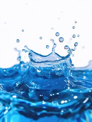 Splash of water with a blue hue. The water is in a glass and the splash is in the air