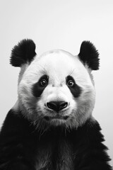 Obraz premium Close-up portrait of a charming giant panda against a minimalist white backdrop, showcasing its distinctive black and white features and expressive eyes.