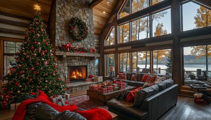 The peaceful and calming living room with a fireplace is decorated with Christmas decorations and a Christmas tree.