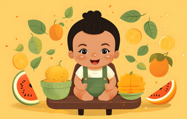 Illustration of a child sitting surrounded by fruits and vegetables.