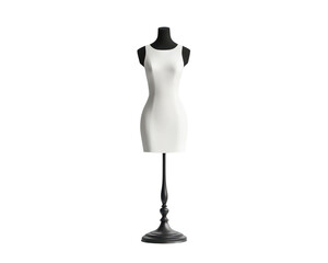 Obraz premium Mannequin dressed in a white dress stands on a black stand. isolate transparent background
