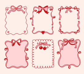 Set of frames with coquette pretty charming  bows, hearts, cherry berry, stars. Hand drawn trendy ribbons border. Vintage elements for greeting cards, wedding, invitations, social media