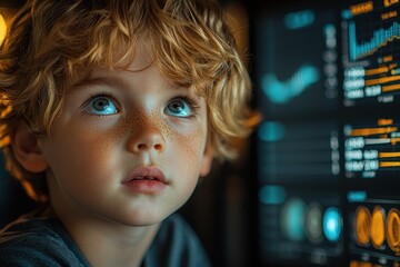 Curious child with freckles observing data on a digital screen