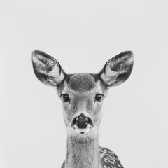 Fototapeta premium Close-Up Portrait of a Young Fawn with Soft Features and Big Ears Against a Minimalist White Background, Capturing the Essence of Natures Beauty.