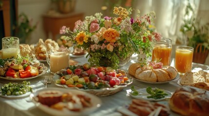 Table is set with a variety of food and drinks, including a large bowl of fruit and a vase of flowers. The table is set for a large gathering, and the food
