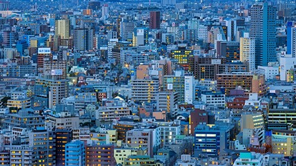 An aerial view of a dense cityscape at dusk with buildings illuminated by streetlights.