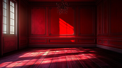 A dramatic red room illuminated by sunlight streaming through large windows