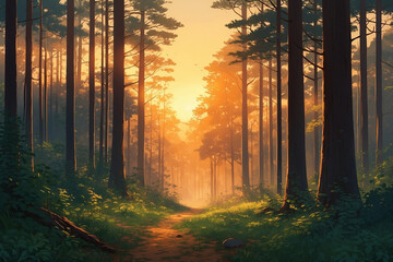 Obraz premium Anime style, thick forest bathed in early golden light, mist rising, warm horizon stretching beyond the trees