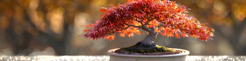 Obraz premium A stunning Japanese maple bonsai tree with fiery red leaves, beautifully shaped and placed in a round, glazed ceramic pot. The scene captures the essence of autumn in a minimalist style.