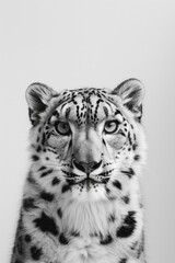 Fototapeta premium Dramatic Close-Up of a Snow Leopard Against a Minimalist Background, Showcasing Intense Gaze and Detailed Fur Patterns in Monochrome.