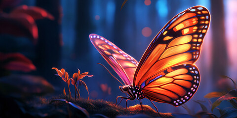 Butterfly illuminates forest with vibrant colors