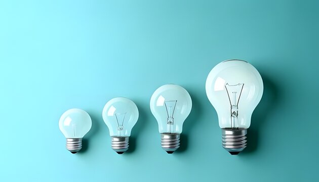 Four light bulbs of varying sizes arranged in a row, symbolizing concepts like innovation, growth, and creativity against a soft blue background.