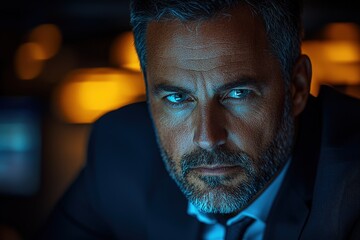 Fototapeta premium Intense gaze: confident businessman with salt-and-pepper beard in dimly lit ambiance