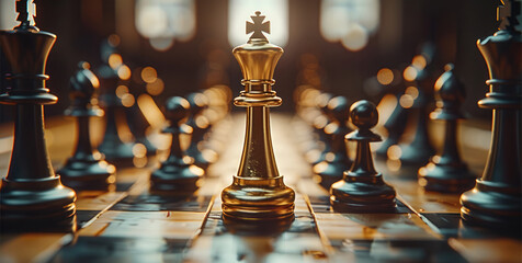 A chessboard focusing on a majestic golden king piece encircled by black chess pieces, dramatic lighting from the side casting long shadows. The golden king polished surface gleams.
