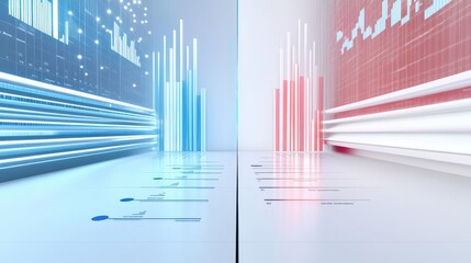 Competitive analysis with side-by-side comparison charts, sleek and organized, 3D illustration