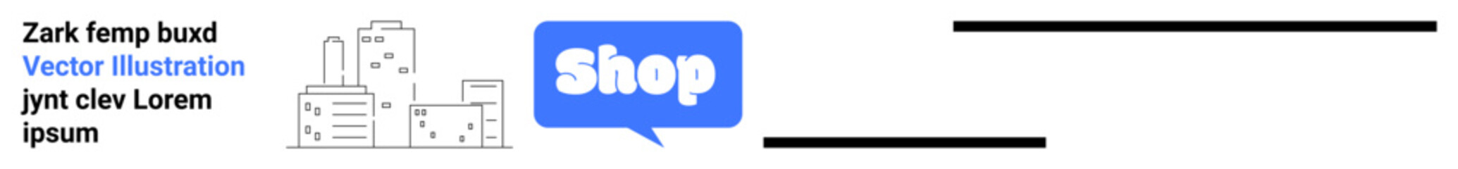 Simplistic design featuring a cityscape on the left with placeholder text and a prominent blue shop button in the center. Ideal for e-commerce, retail, online shopping, promotions, sales. Banner