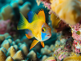 Obraz premium Vibrant reef fish swims through intricate coral formations, adding a burst of color to the scene.