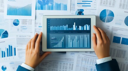 A product manager reviewing a roadmap on a digital tablet, with space for text