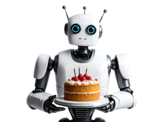 A ai robot holding a birthday cake 