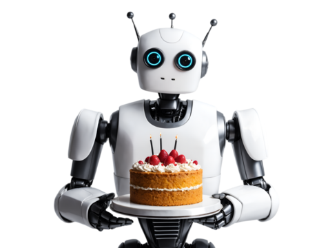 A ai robot holding a birthday cake 