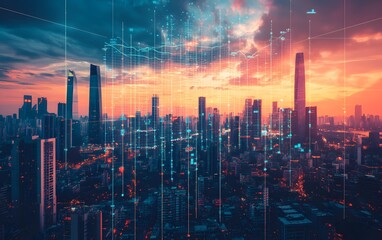 Fototapeta premium A stunning skyline view at sunset with digital overlays, showcasing urban development and technology integration.