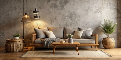 Rustic Wooden Sofa with Grey Pillows in Scandinavian Living Room, Long Exposure of Modern Interior Design, Cozy Atmosphere, Stucco Wall, Side Table, Wicker Basket, Minimalistic Decor