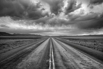 Lonely Desert Highway Under Dramatic Clouds: Black and White Road Stretching into the Horizon, Evoking a Sense of Adventure and Isolation