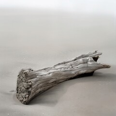 Lonely Driftwood on Tranquil Beach: Weathered Wood Stump Against Soft Sandy Background, Invoking Serenity and Natural Beauty