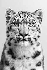 Naklejka premium Majestic Black and White Portrait of a Snow Leopard, Capturing Intense Gaze and Beautiful Fur Pattern Against a Minimalistic Background