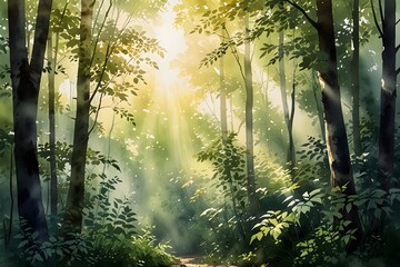 Obraz premium Dappled sunlight through leaves in a dense forest in watercolor style