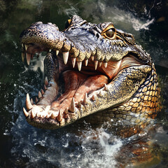 Obraz premium Realistic crocodile with open mouth in water, showing sharp teeth