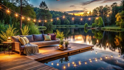 Obraz premium Serene Evening on a Wooden Lake Terrace Deck - Cozy Seating Area for Meditation Retreat in Nature