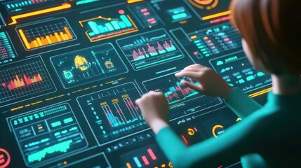 Obraz premium Data-driven decision analysis with person interacting with charts, informed decision-making, 3D illustration