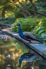 Obraz premium Majestic peacock standing by a tranquil garden pond, showcasing vibrant plumage and its stunning reflection surrounded by lush greenery.