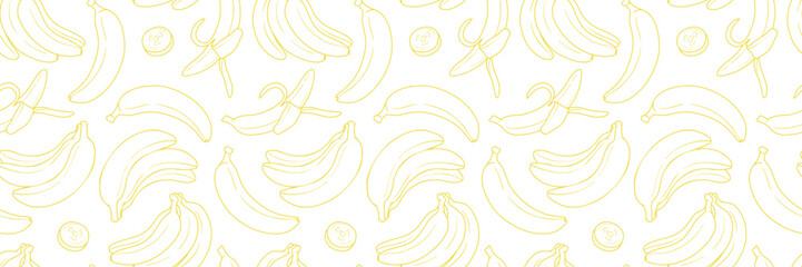 Banana line art vector repeat pattern banner, seamless repeating horizontal background or cover design, white and yellow wallpaper