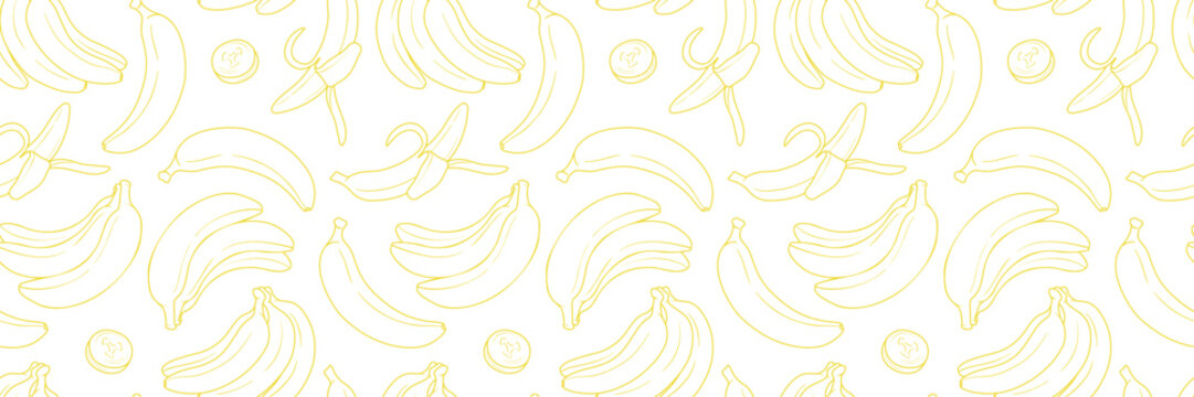 Banana line art vector repeat pattern banner, seamless repeating horizontal background or cover design, white and yellow wallpaper