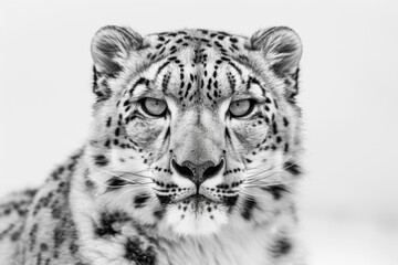 Majestic Snow Leopard Portrait: Intense Gaze in Black and White, Showcasing Unique Spotted Fur and Striking Features of this Endangered Species.