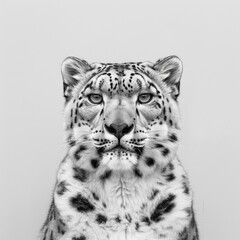 Majestic Snow Leopard Portrait: Striking Black and White Close-Up Photography Highlighting Intricate Spots and Intense Gaze on Neutral Background