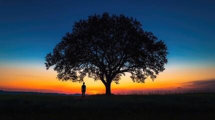 Obraz premium Silhouette of a tree and person against a vibrant sunset sky.