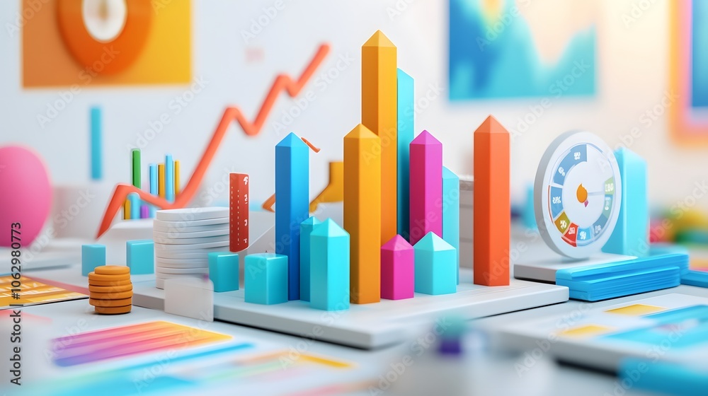Poster colorful 3d analytics display featuring vibrant shapes and graphs for data visualization and busines