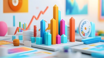 Colorful 3D analytics display featuring vibrant shapes and graphs for data visualization and business analysis.