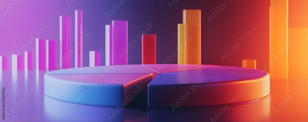 Poster colorful data visualization with a pie chart and bar graphs, illustrating vibrant analytics in a mod